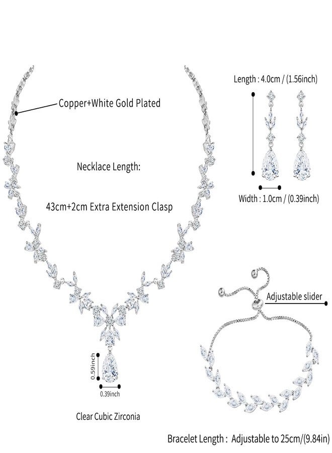 MEEDOZ White Gold Plated Necklace Dangle Earring Adjustable Bracelet Set with Marquise Teardrop Cubic Zirconia for Women (White Gold Plated) - Image 2